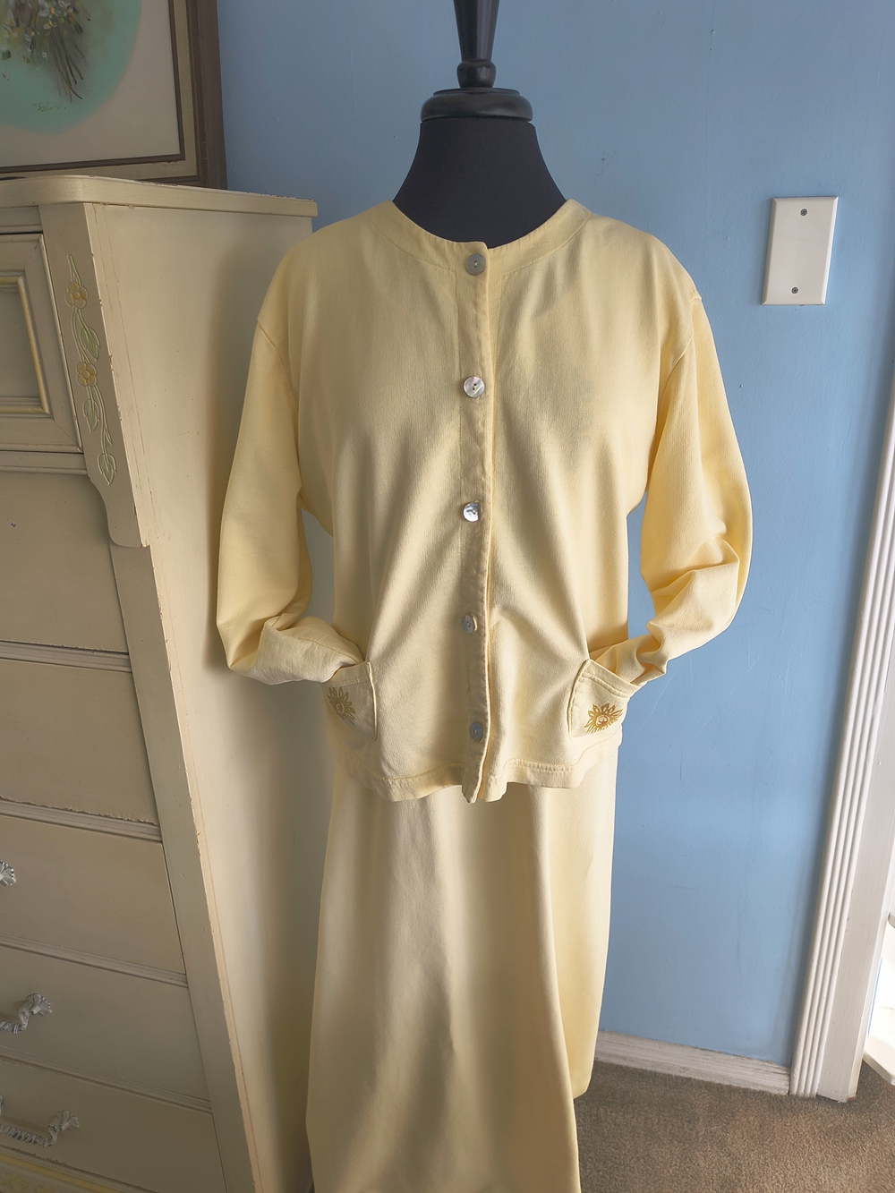 Vintage Light Pastel Yellow Two-Piece Dress & Cardigan Set
